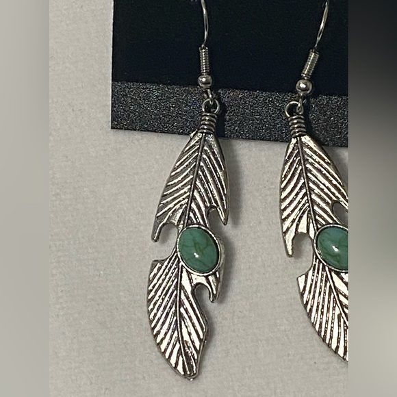 Two Pair of Silver with Turquoise Boho Earrings, Feathers and Small Round - Picture 2 of 10